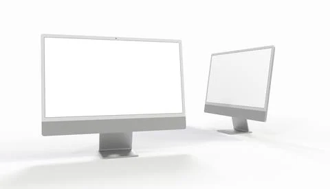 A 3D rendering of a computer display mock-up with a blank white screen on a w Stock Illustration