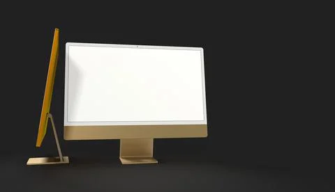 A 3D rendering of a computer display mock-up with a blank white screen on a b Stock Illustration