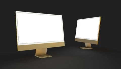 A 3D rendering of a computer display mock-up with a blank white screen on a b Stock Illustration