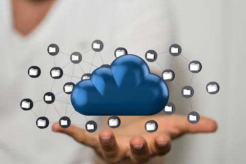 A 3d rendering of computer folder symbols over a big blue cloud storage symbo 写真素材