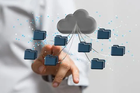 A 3d rendering of computer folders connected to a gray cloud storage symbol i 写真素材