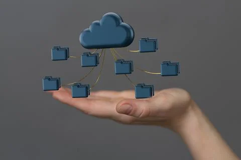 A 3d rendering of computer folders connecting to a single data cloud in hand  写真素材