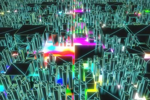 3D rendering of Computer Generated Virtual Abstract Colored Neon City Ilustración de archivo