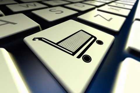 3D rendering of a computer keyboard with shopping card icon Illustrazione stock