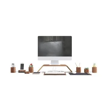 3D rendering of a computer with office objects isolated on a white background Stock Illustration