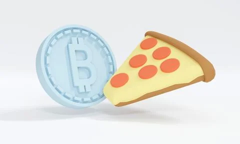 3D Rendering concept of Bitcoin Pizza day: "?"coin and a slice of pizza in .. Stock Illustration