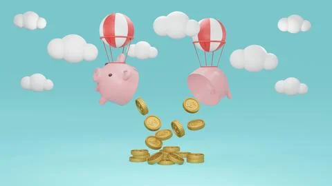 3D Rendering concept of a broken piggy bank with balloons with golden coins.. Illustrazione stock