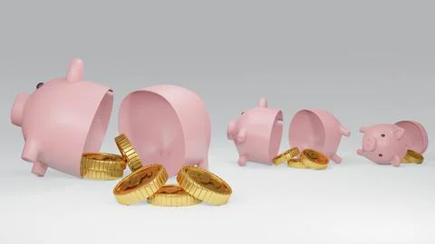 3D Rendering concept of broken piggy banks with golden coins on white backg.. Stock Photos