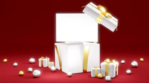 3D rendering concept of celebration. A present box opens up to show a blank.. Stock-Illustration