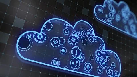 3D rendering the concept of cloud technologies and server data processing Illustrazione stock