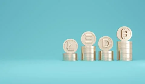 3D Rendering concept of cryptocurrency. Cryptocurrency symbols on coins sta.. Stock Illustration