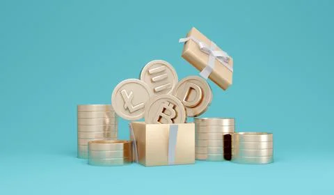3D Rendering concept of cryptocurrency. Cryptocurrency symbols on coins exp.. 스톡 일러스트