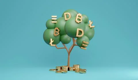 3D Rendering concept of cryptocurrency money tree. Cryptocurrency symbols o.. Illustrazione stock