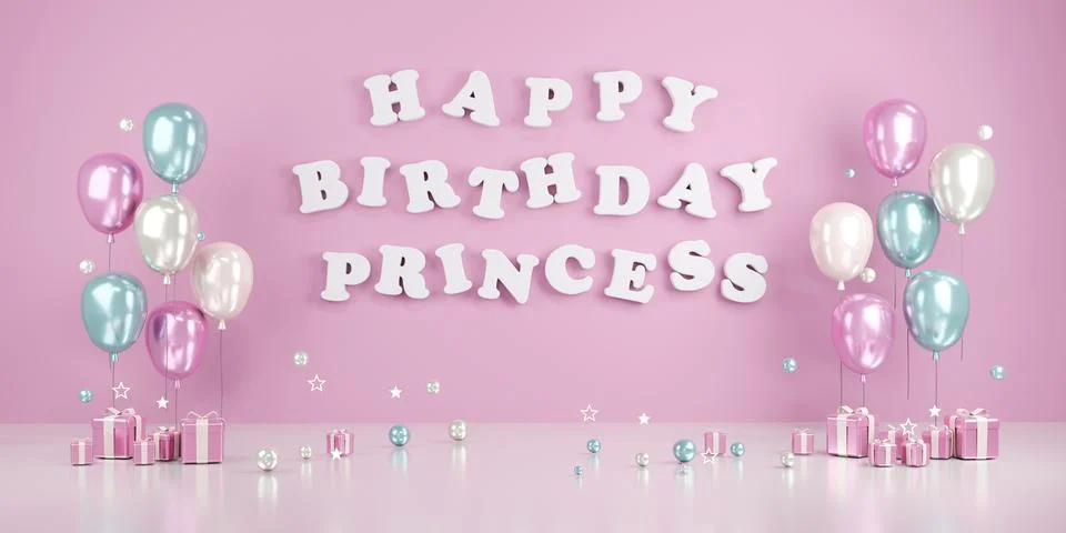 3D Rendering concept of cute birthday backdrop. Happy birthday princess tex.. Stock Illustration