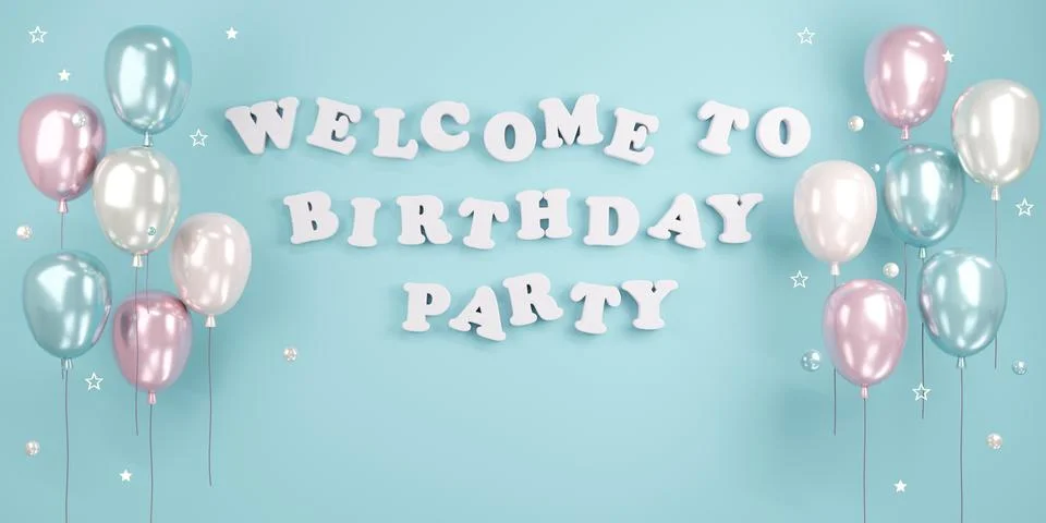 3D Rendering concept of cute birthday backdrop. Welcome to birthday party t.. Stock Illustration