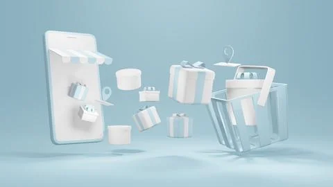 3D Rendering concept of E-commerce, online shopping: smartphones with gift .. Stock Illustration