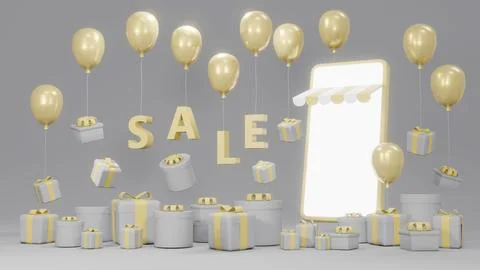 3D Rendering concept of E-commerce, online shopping: smartphone with gift b.. Illustration