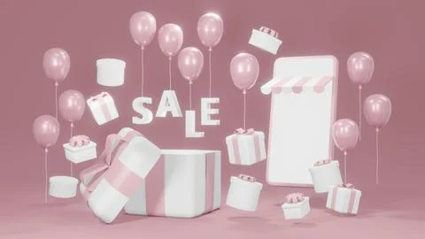 3D Rendering concept of E-commerce, online shopping: smartphone with gift b.. Stock Illustration