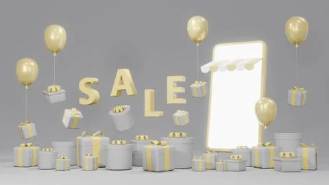 3D Rendering concept of E-commerce, online shopping: smartphone with gift b.. Stock Illustration