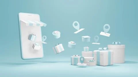 3D Rendering concept of E-commerce, online shopping: smartphones with gift .. Illustration
