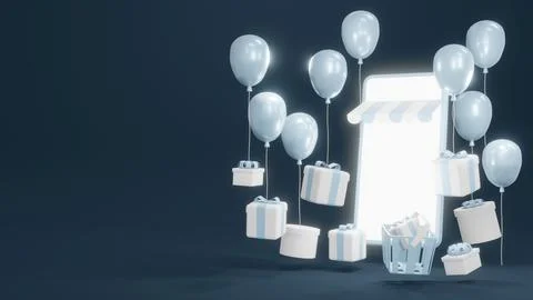 3D Rendering concept of E-commerce, online shopping: smartphone with gift b.. Stock Illustration