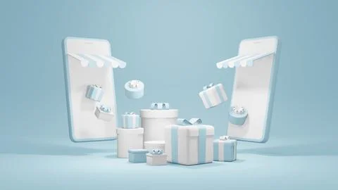 3D Rendering concept of E-commerce, online shopping: smartphones with gift .. Illustration