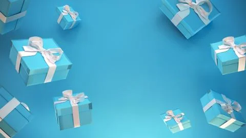 3D rendering. Concept of falling blue gift boxes on a blue background. Stock Illustration