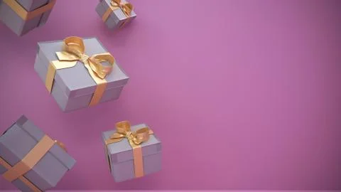 3D rendering. Concept of falling gift boxes on a pink background. New year gi Stock Illustration