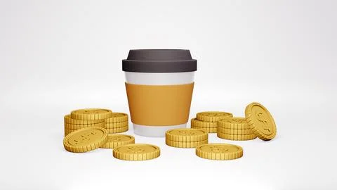 3D Rendering concept of financial: a cup of coffee and a lot of golden coin.. Illustrazione stock