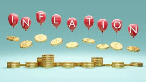 3D Rendering concept of financial inflation: stack of coins balloons with t.. Stock Illustration