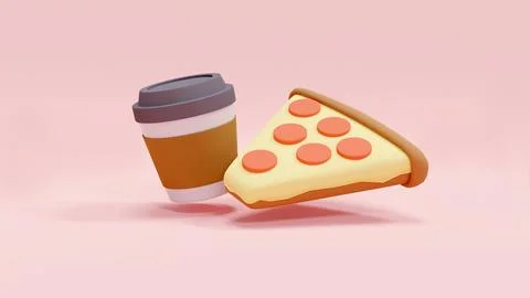 3D Rendering concept of food: 3d render of a slide of pizza and a cup of co.. Иллюстрация