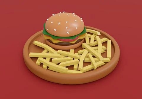 3d Rendering concept of food, American breakfast. Set of meal burger with f.. Illustrazione stock