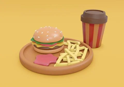 3d Rendering concept of food, American breakfast. Set of meal burger with f.. Illustrazione stock