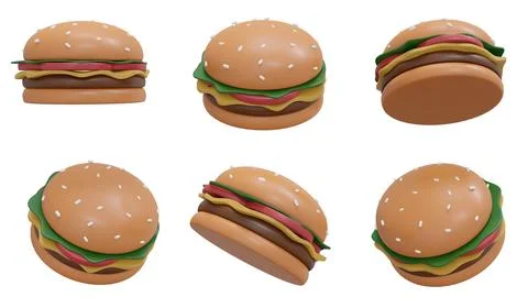 3D Rendering concept of food. Set of spinning burger in many views rotate i.. Stock Illustration