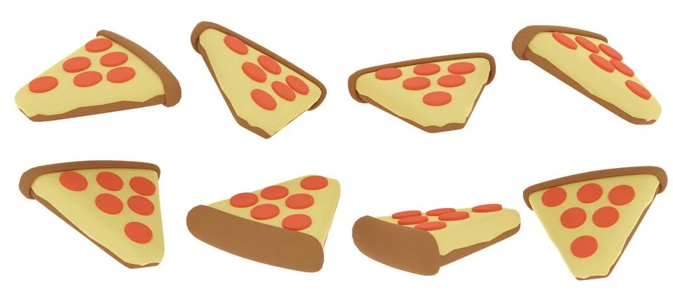 3D Rendering concept of food. Set of spinning slice of pizza in many views .. Stock Illustration