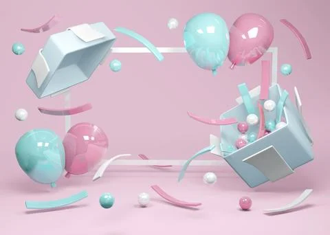 3D Rendering concept of gender reveal, baby shower, birthday party. Realist.. Stock Illustration