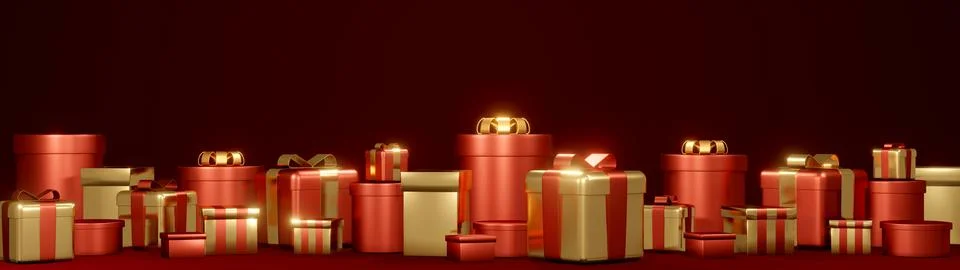 3D rendering concept of gift. Horizontal view of set of red and golden gift.. Stock Illustration