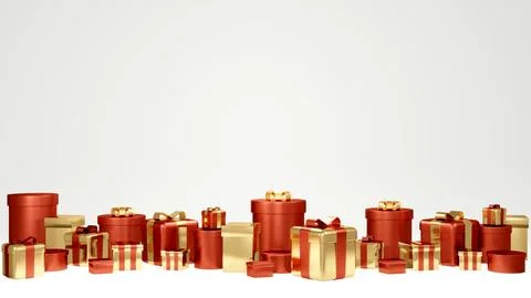 3D rendering concept of gift. Horizontal view of set of red and golden gift.. Stock Photos