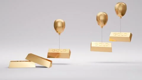 3d Rendering concept of gold price. gold bars are taking up by balloons. 3D.. Stock Illustration