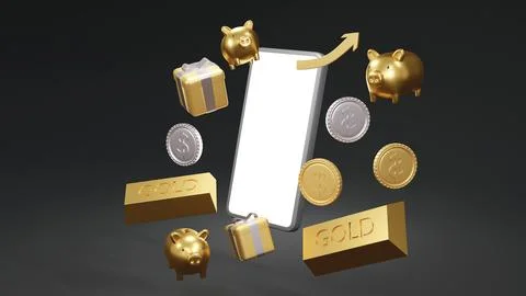 3D Rendering concept of golds, golden coins, golden presents on black backg.. Stock Illustration