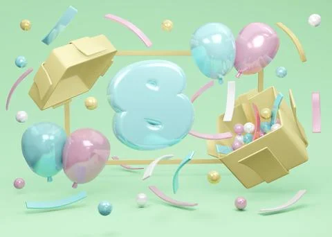 3D Rendering concept of happy birthday party. Number 8 birthday explode fro.. イラスト素材