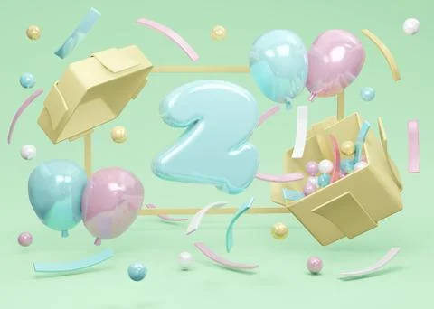 3D Rendering concept of happy birthday party. Number 2 birthday explode fro.. イラスト素材