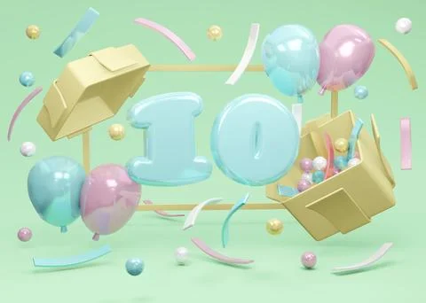 3D Rendering concept of happy birthday party. Number 10 birthday explode fr.. イラスト素材
