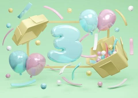 3D Rendering concept of happy birthday party. Number 3 birthday explode fro.. イラスト素材