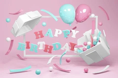 3D Rendering concept of happy birthday. Realistic blue and pink pastel ball.. Stock Illustration
