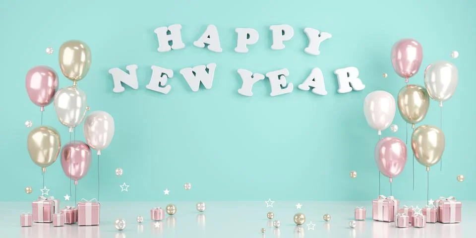 3D Rendering concept of Happy new year text on wall with balloons and gifts.. Stock Illustration