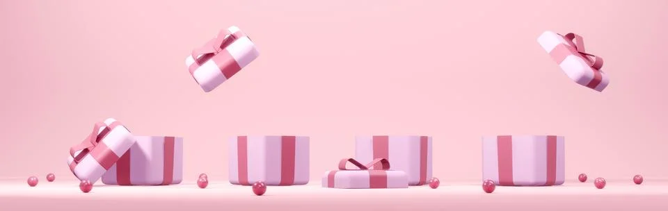 3D Rendering concept of horizontal panorama scene of opened gift boxes in p.. Stock Illustration