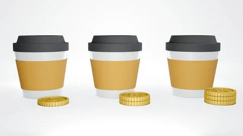 3D Rendering concept of inflation: cup of coffee and stacked golden coins i.. Illustrazione stock