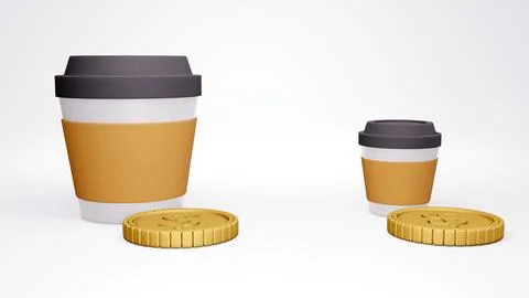 3D Rendering concept of inflation: cup of coffee big and small size and sam.. Illustrazione stock
