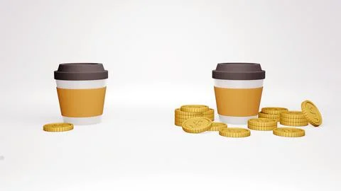 3D Rendering concept of inflation: cup of coffee big and small size and sam.. Illustrazione stock